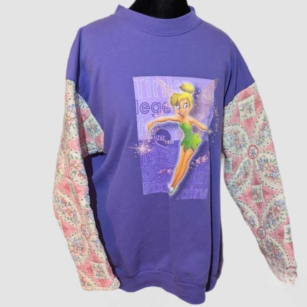 Vintage Disney TinklerBell Upcycled Sweatshirt With Quilted Sleeves Sz L OOAK